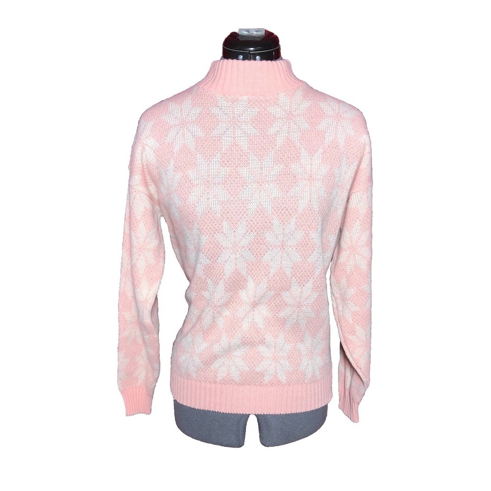 Vtg 80s Novelty Sweater Petite Pink Snowflake Lurex Mock Neck Metallic Knit M